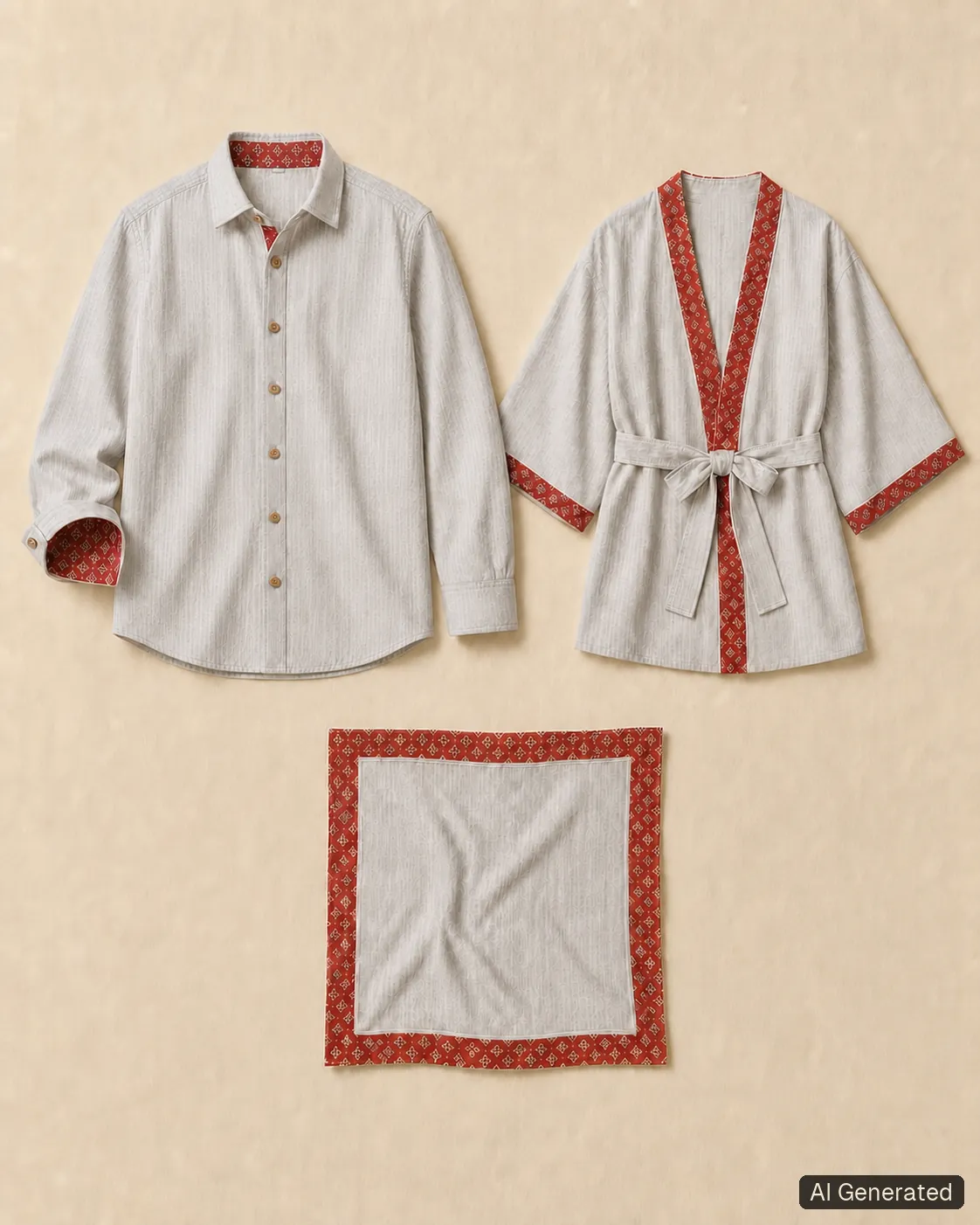 Coordinated shirt, kimono and scarf, Tropikera design 19; generated concept image