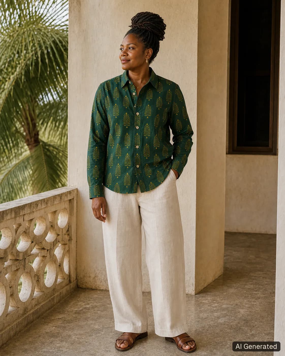 Adult woman standing and wearing the shirt in an editorial scene, Tropikera design 20; generated concept image