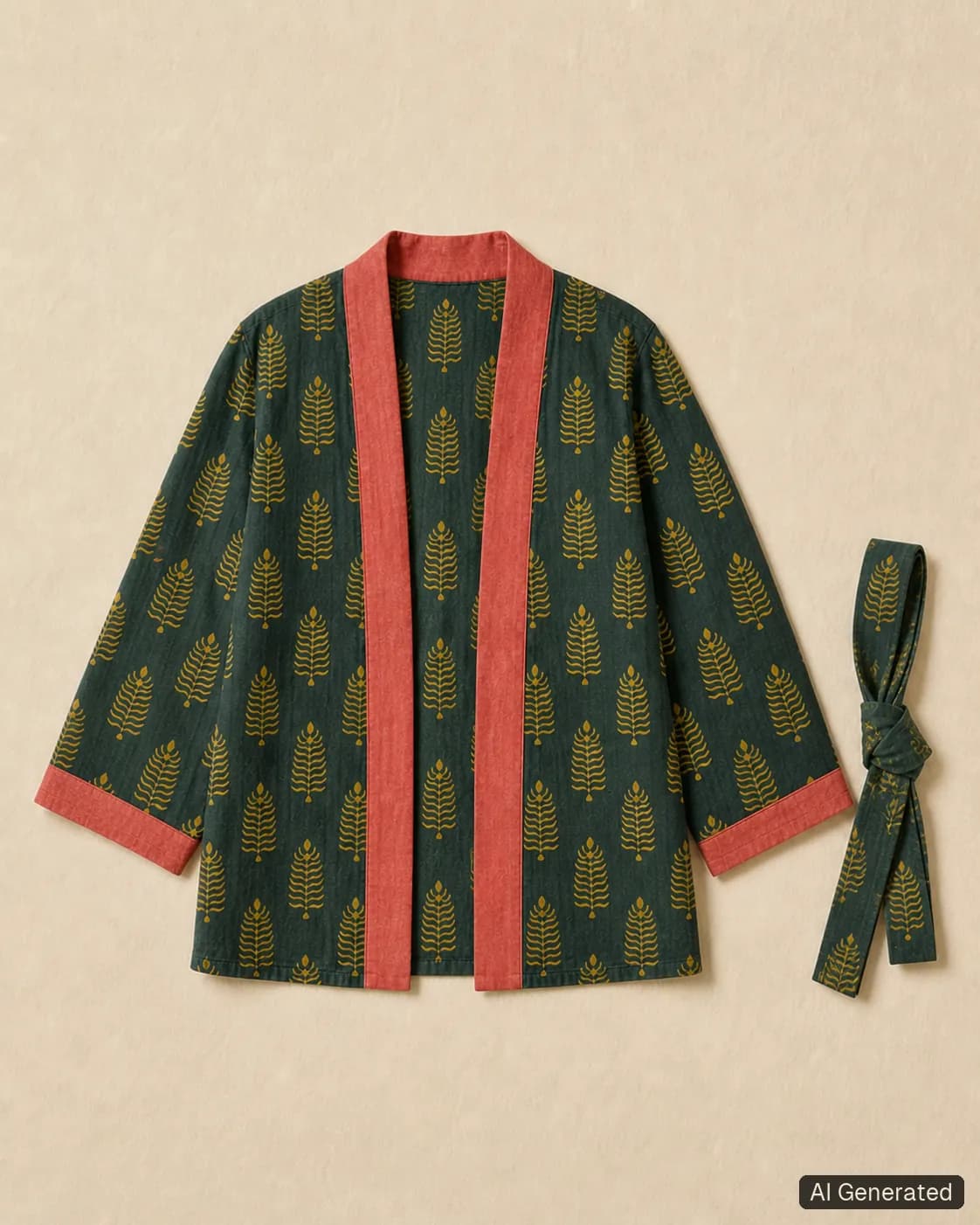 Open kimono shown from the front, Tropikera design 20; generated concept image