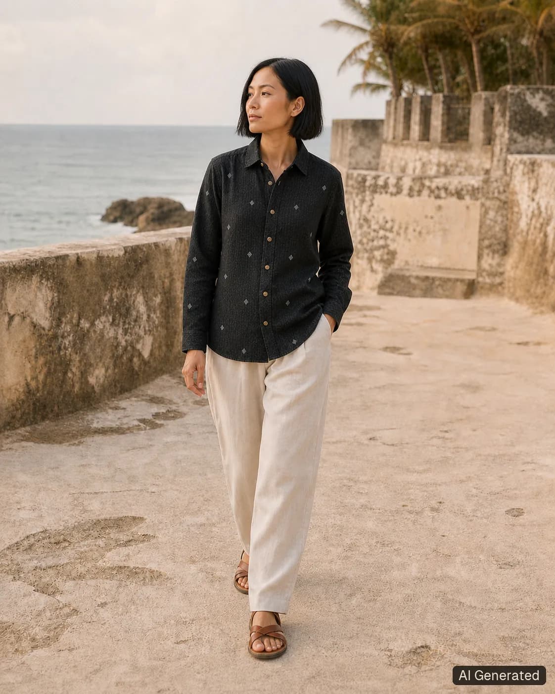 Adult woman standing and wearing the shirt in an editorial scene, Tropikera design 21; generated concept image