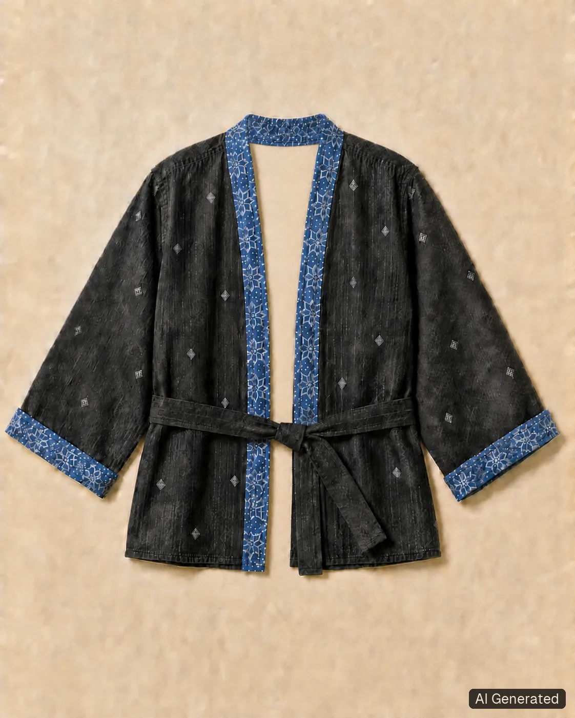 Open kimono shown from the front, Tropikera design 21; generated concept image