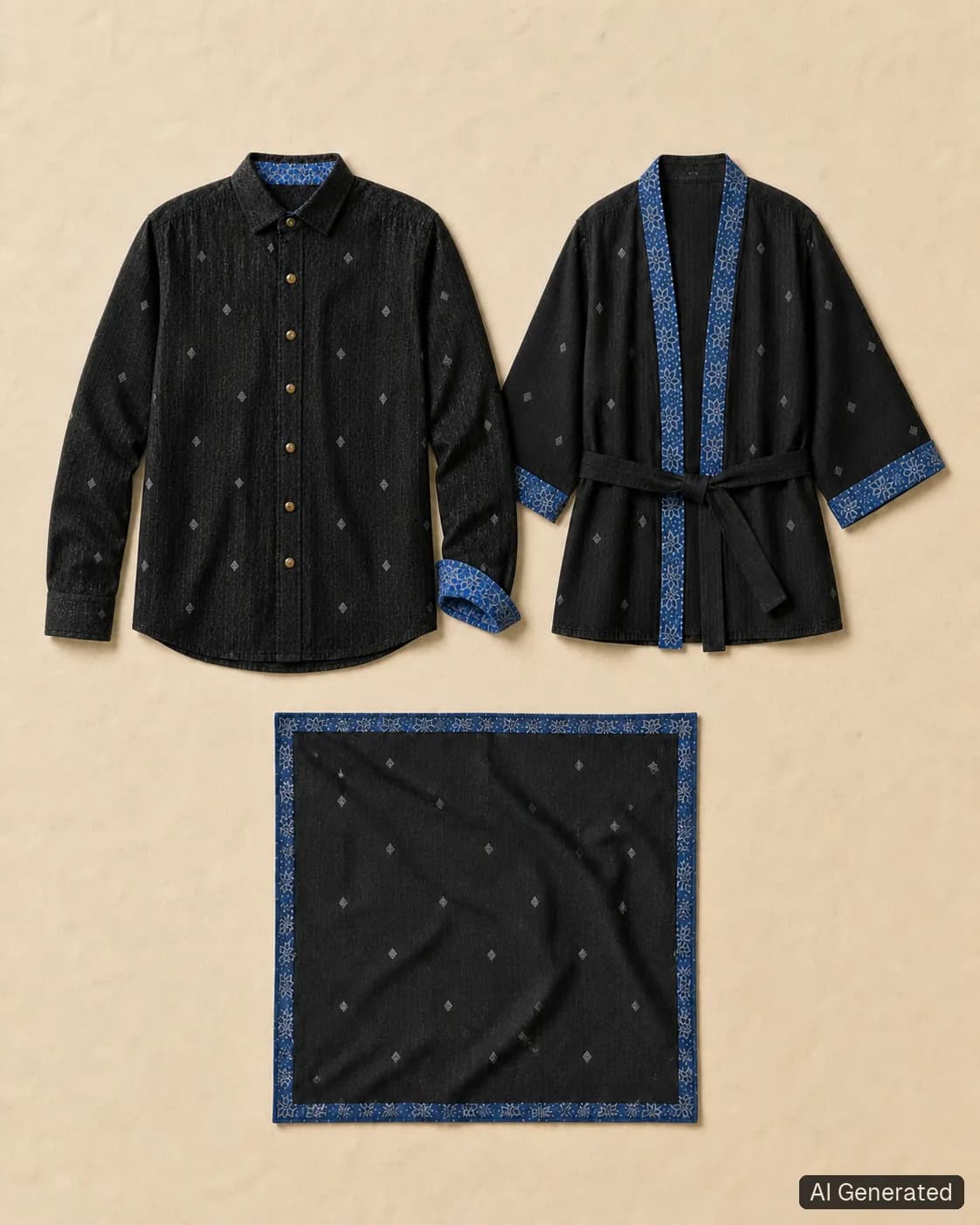 Coordinated shirt, kimono and scarf, Tropikera design 21; generated concept image