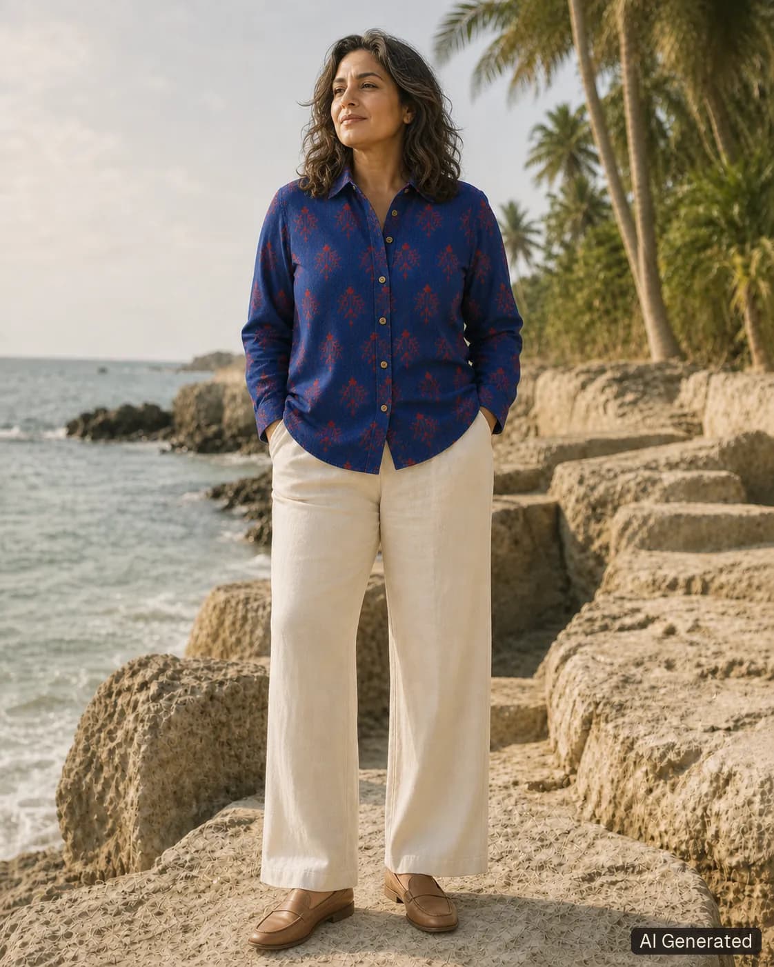 Adult woman standing and wearing the shirt in an editorial scene, Tropikera design 22; generated concept image