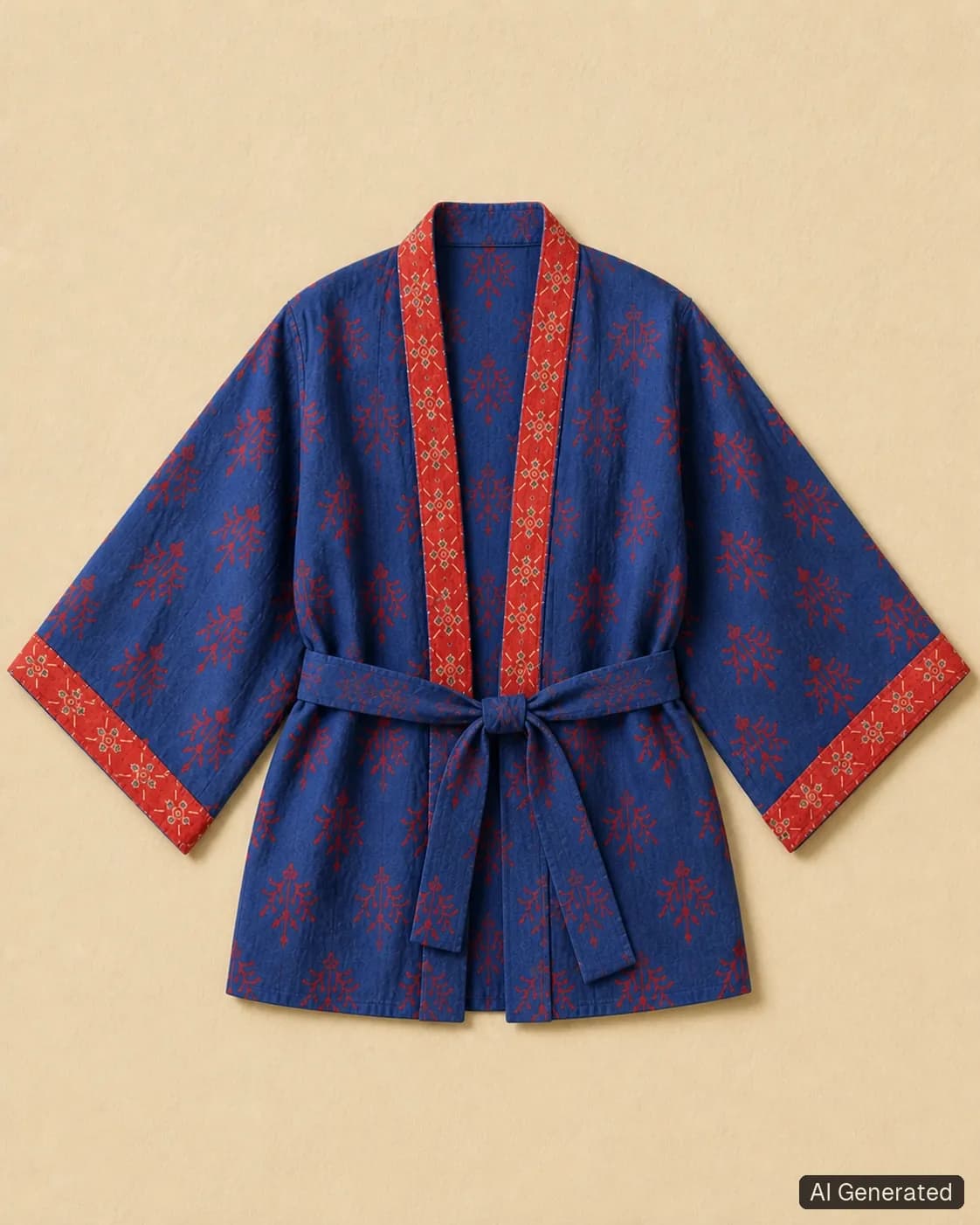 Open kimono shown from the front, Tropikera design 22; generated concept image