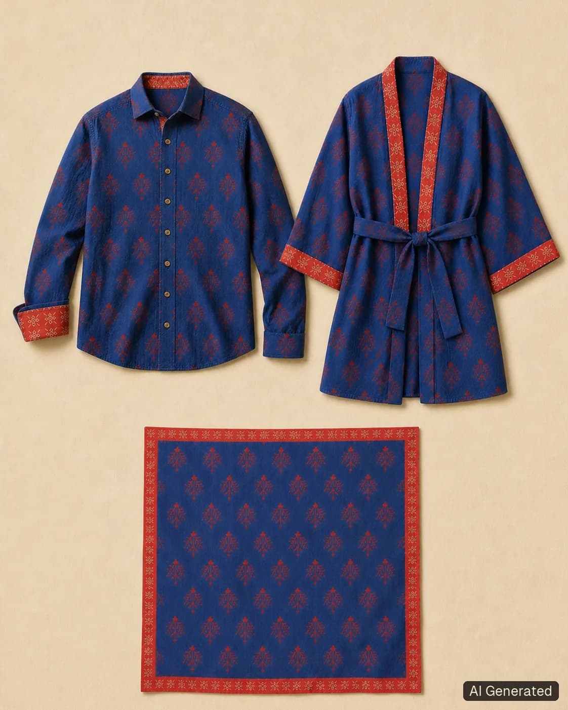 Coordinated shirt, kimono and scarf, Tropikera design 22; generated concept image