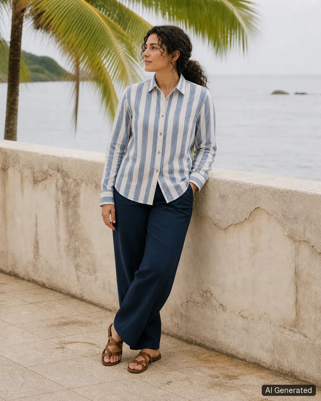 Adult woman standing and wearing the shirt in an editorial scene, Tropikera design 23; generated concept image