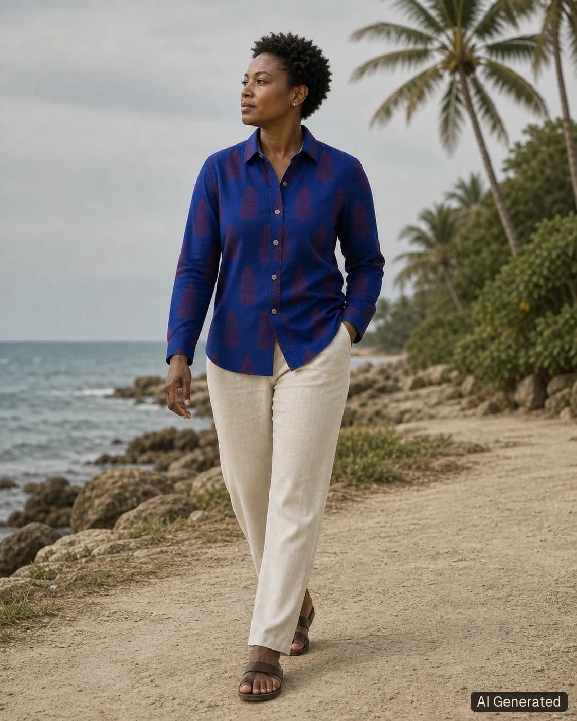 Adult woman standing and wearing the shirt in an editorial scene, Tropikera design 24; generated concept image