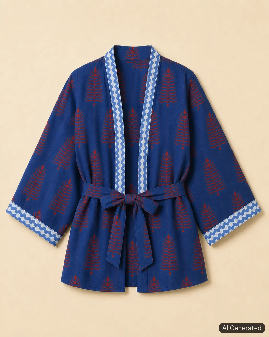 Open kimono shown from the front, Tropikera design 24; generated concept image
