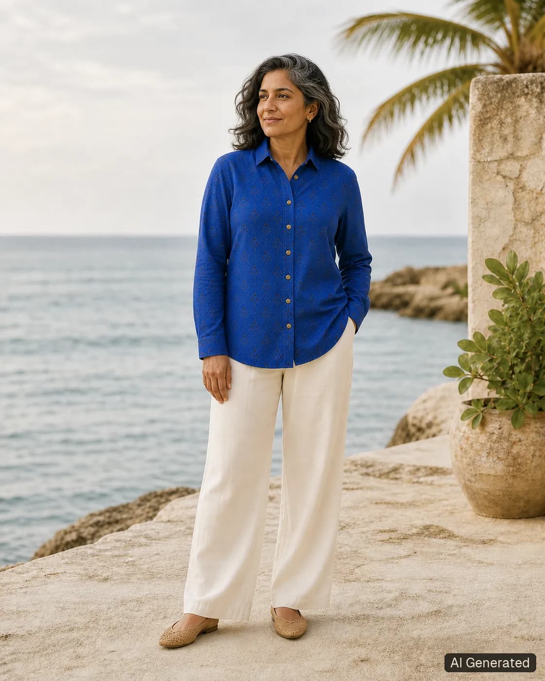 Adult woman standing and wearing the shirt in an editorial scene, Tropikera design 25; generated concept image