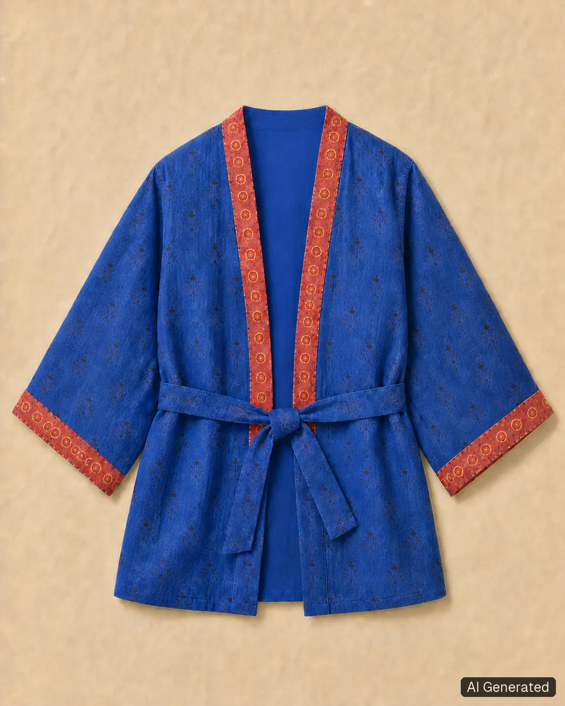 Open kimono shown from the front, Tropikera design 25; generated concept image