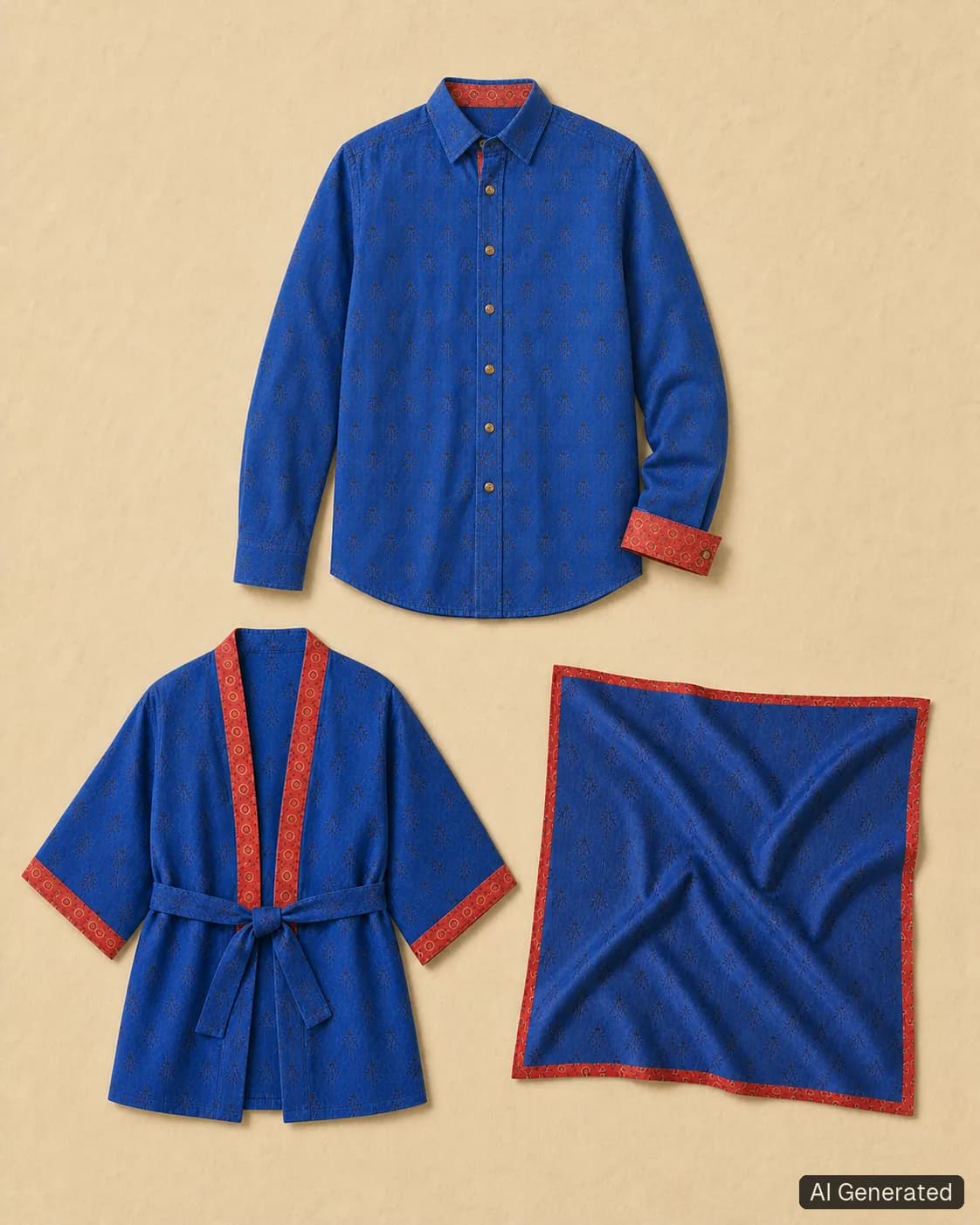 Coordinated shirt, kimono and scarf, Tropikera design 25; generated concept image