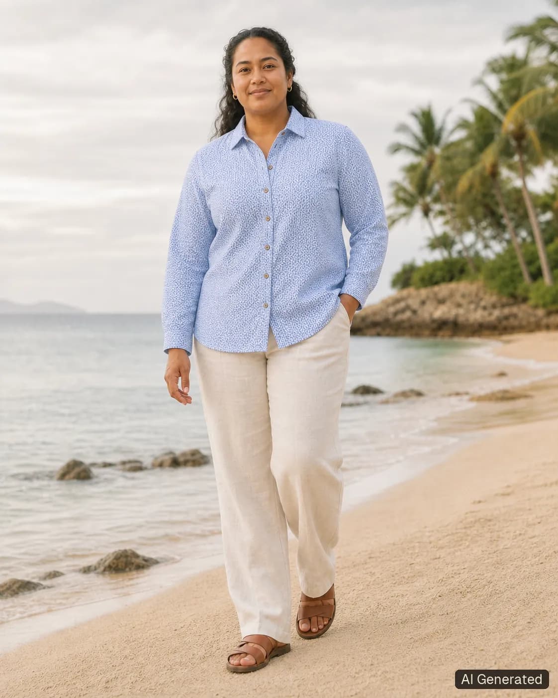 Adult woman standing and wearing the shirt in an editorial scene, Tropikera design 26; generated concept image