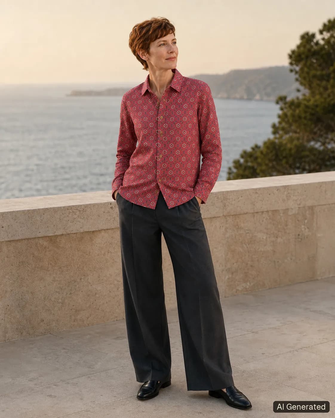 Adult woman standing and wearing the shirt in an editorial scene, Tropikera design 27; generated concept image
