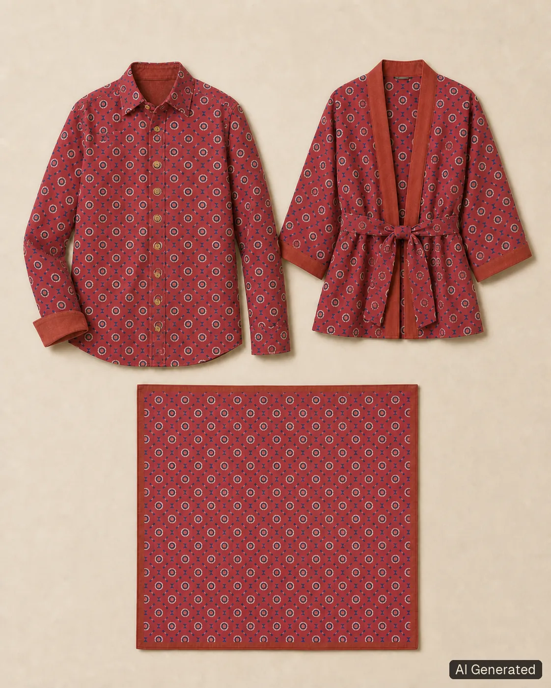 Coordinated shirt, kimono and scarf, Tropikera design 27; generated concept image
