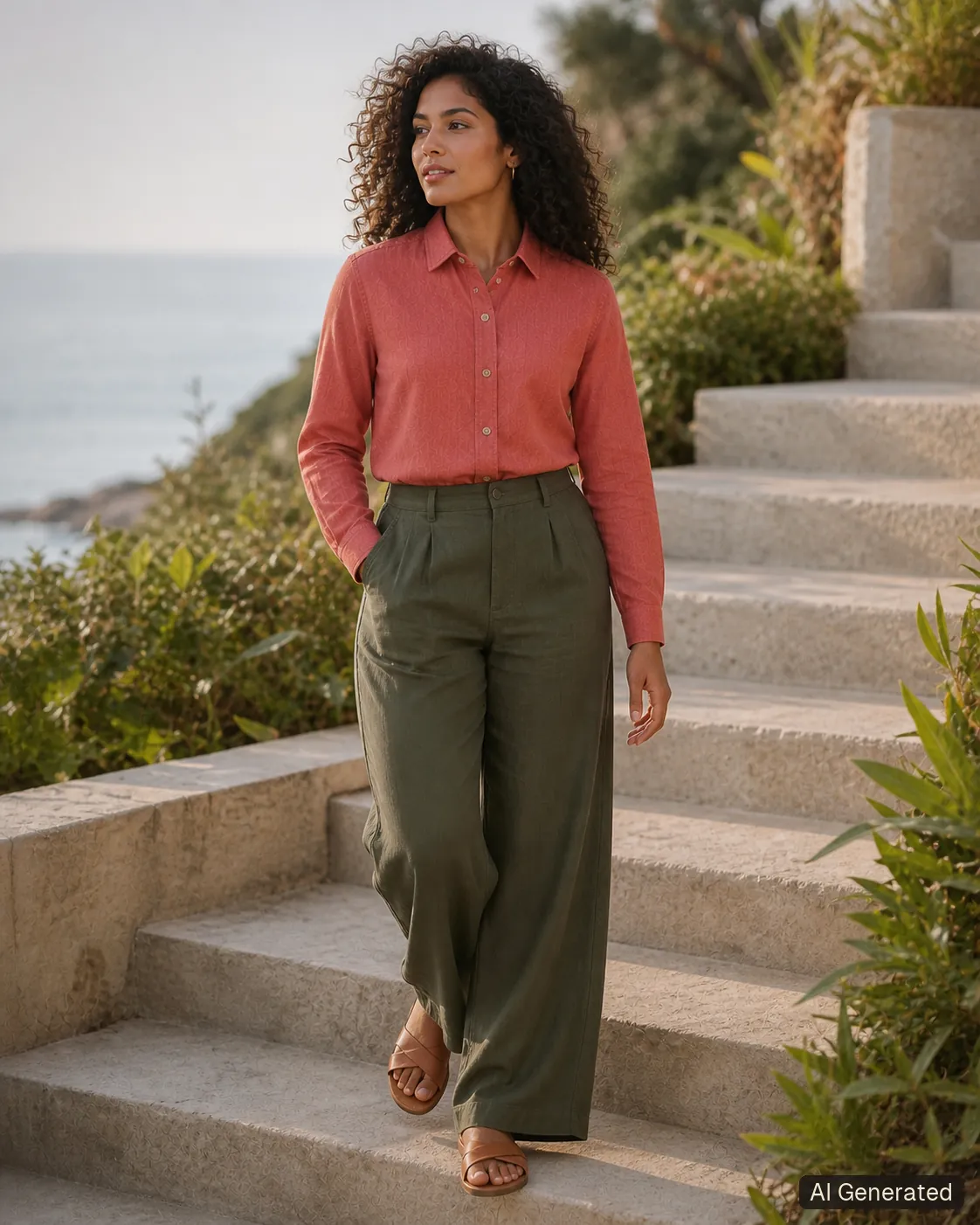 Adult woman standing and wearing the shirt in an editorial scene, Tropikera design 28; generated concept image
