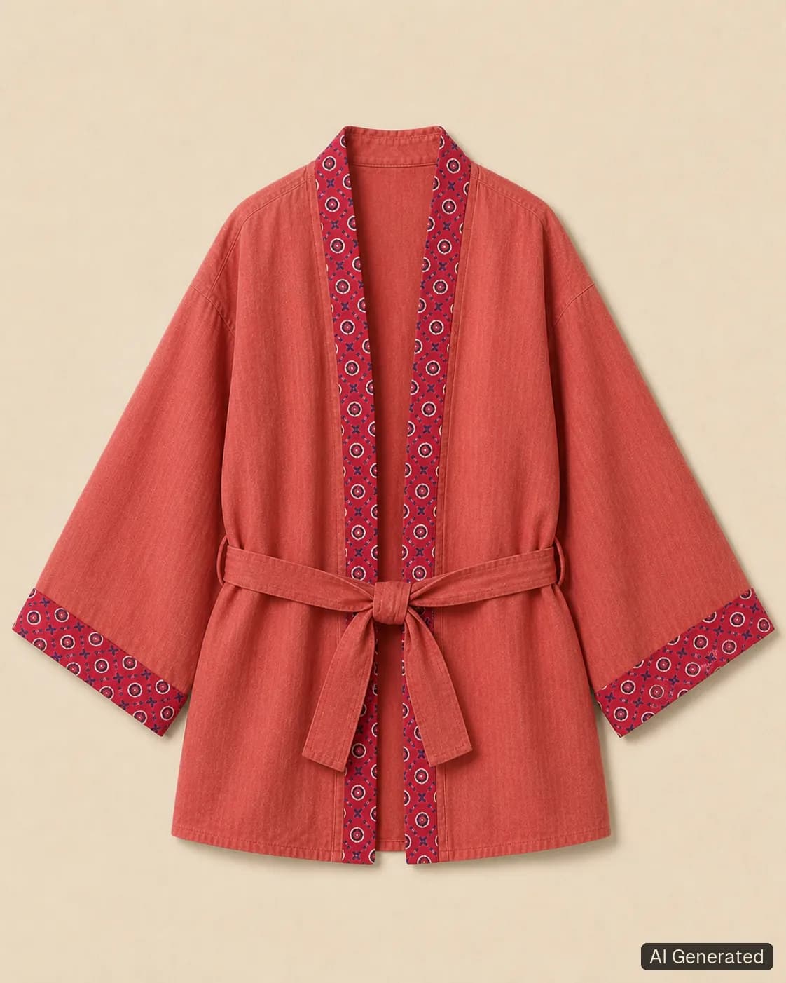 Open kimono shown from the front, Tropikera design 28; generated concept image