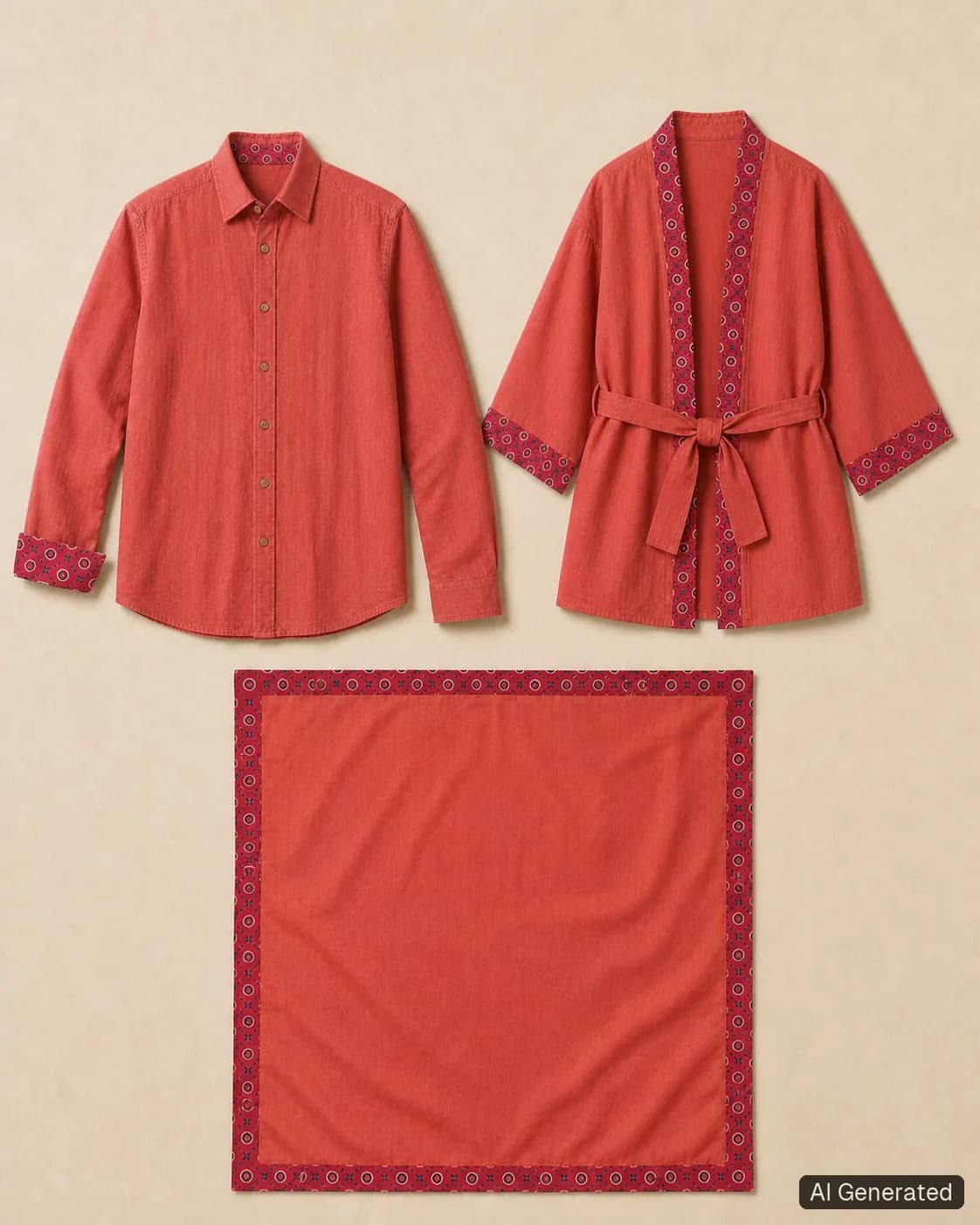 Coordinated shirt, kimono and scarf, Tropikera design 28; generated concept image