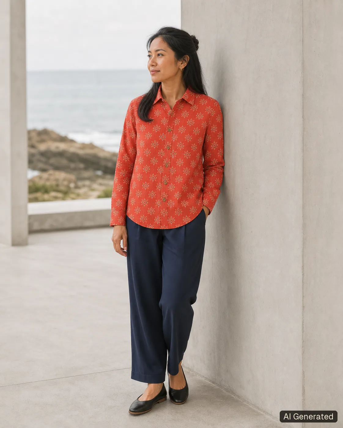 Adult woman standing and wearing the shirt in an editorial scene, Tropikera design X; generated concept image