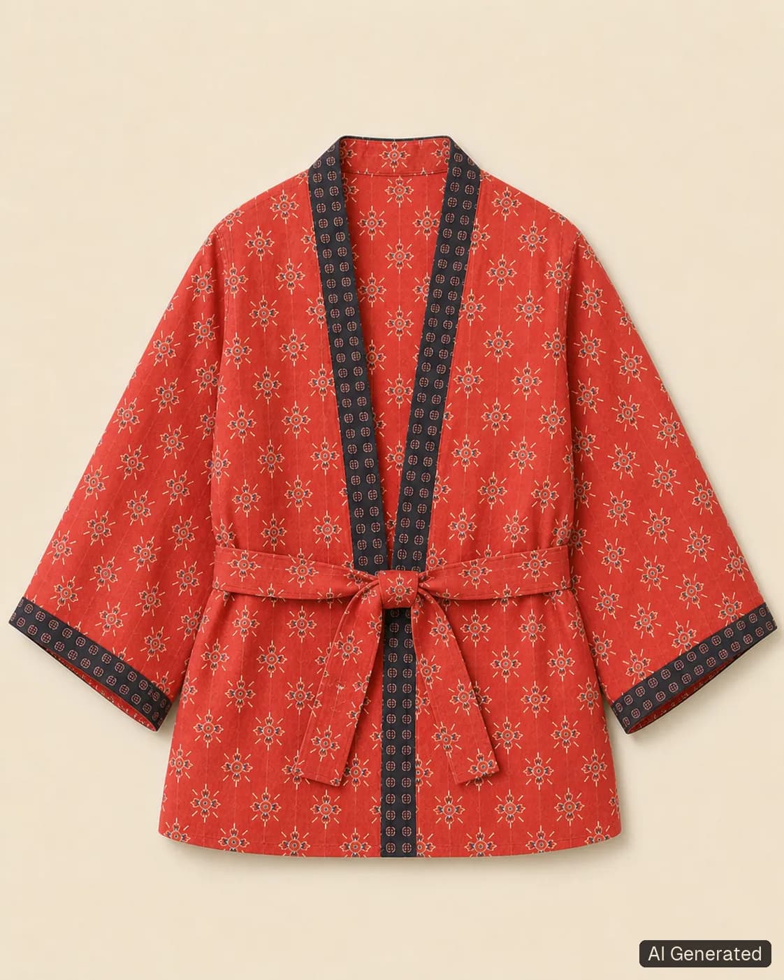 Open kimono shown from the front, Tropikera design X; generated concept image