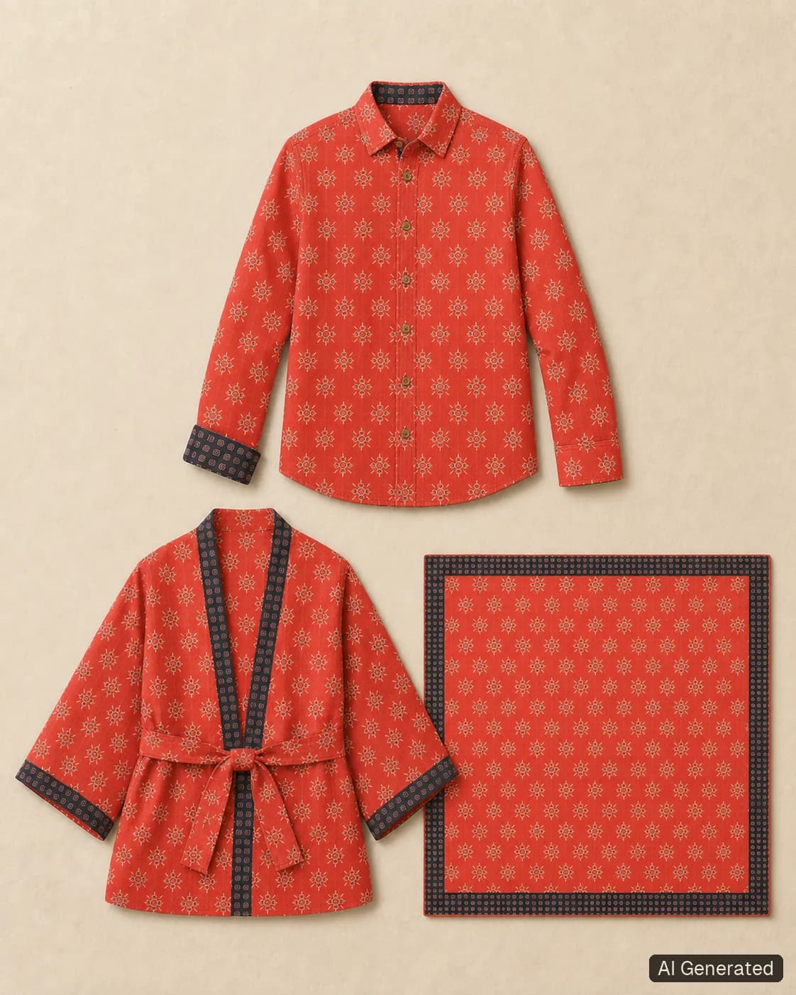 Coordinated shirt, kimono and scarf, Tropikera design X; generated concept image