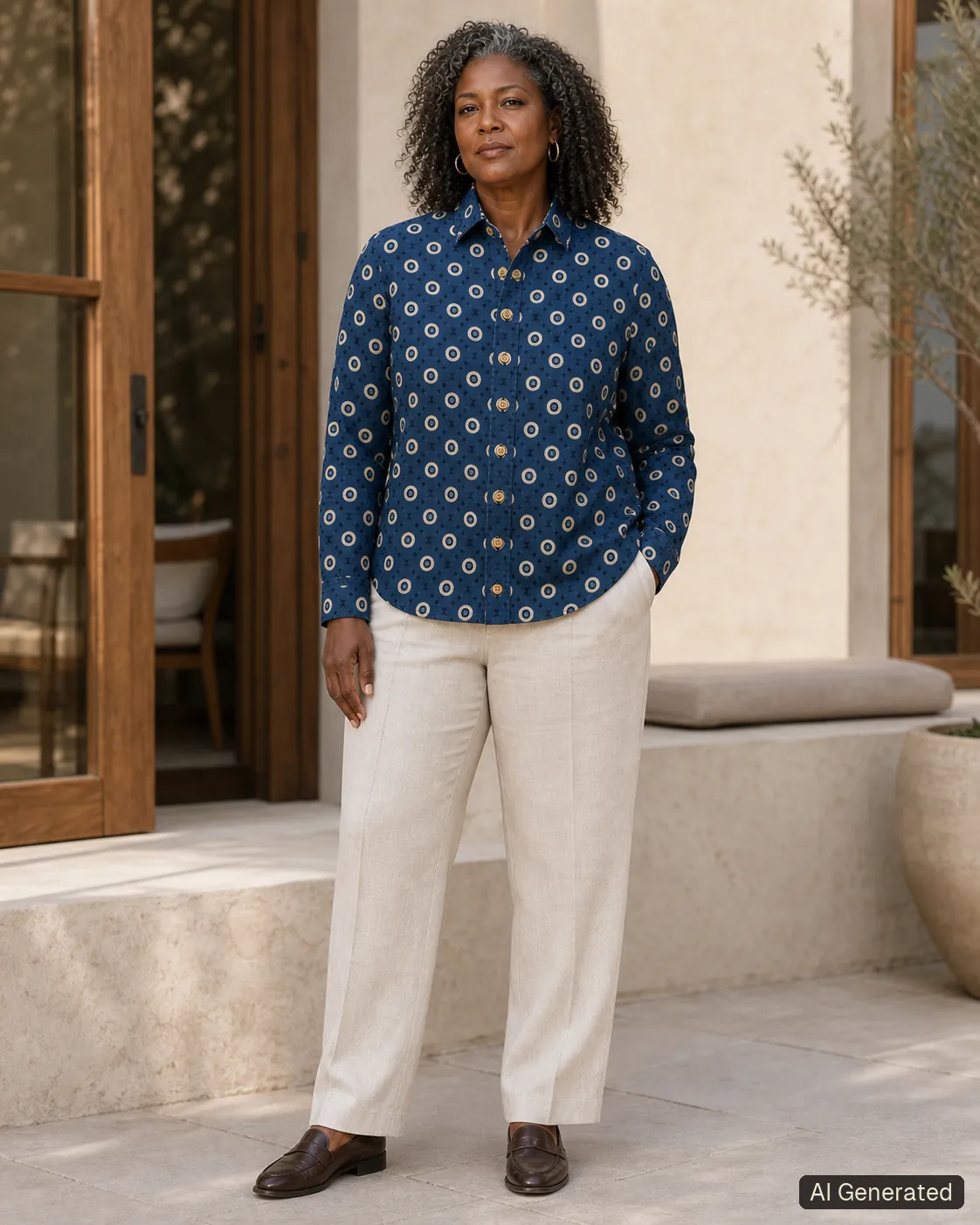 Adult woman standing and wearing the shirt in an editorial scene, Tropikera design Y; generated concept image