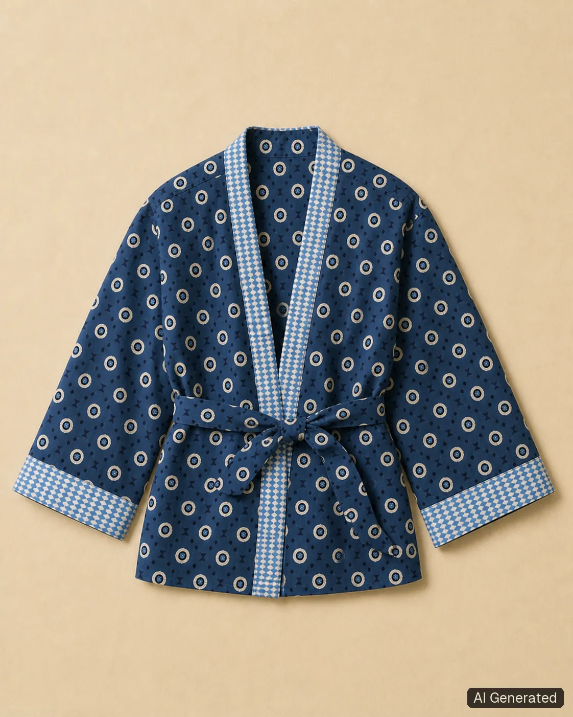 Open kimono shown from the front, Tropikera design Y; generated concept image