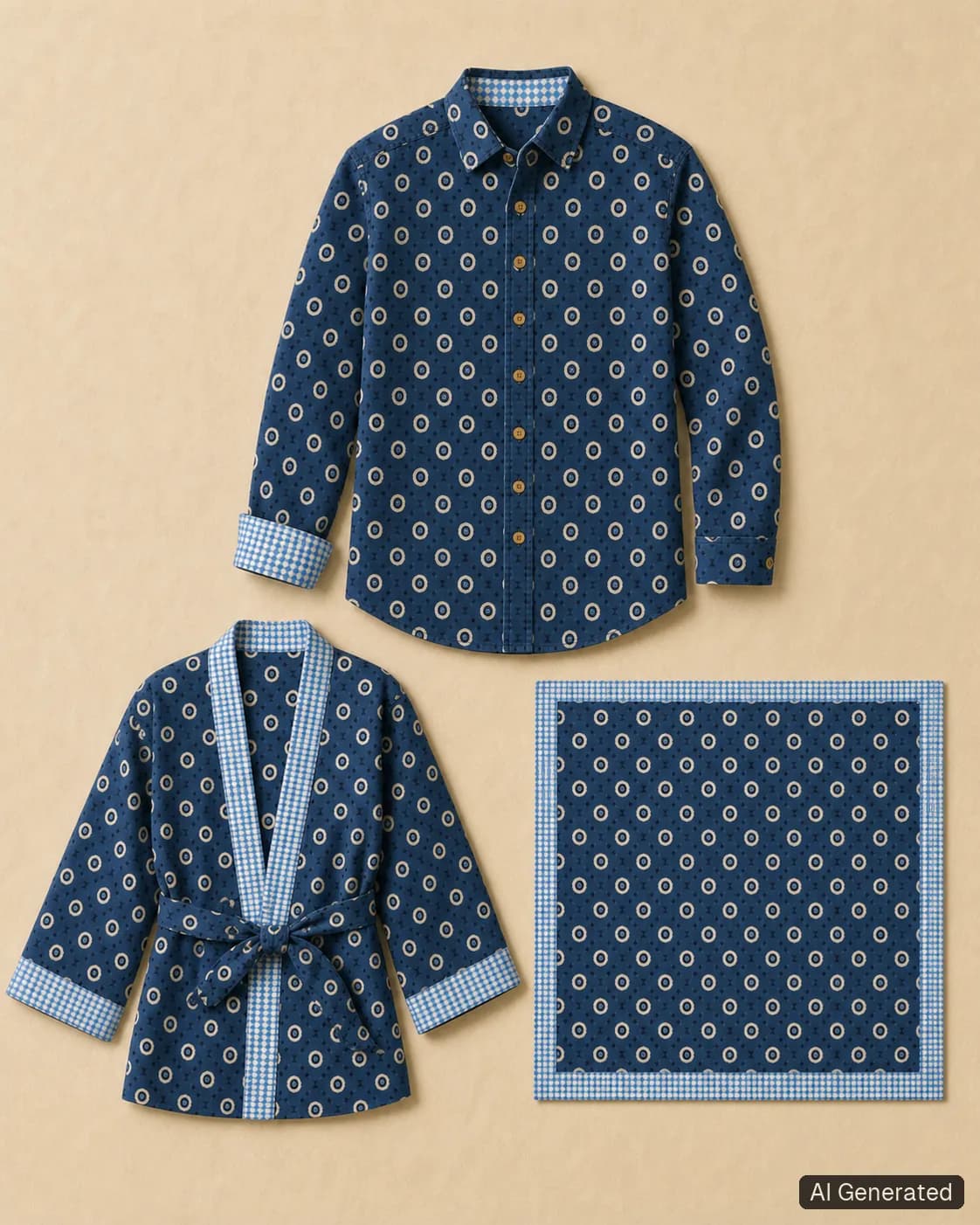 Coordinated shirt, kimono and scarf, Tropikera design Y; generated concept image